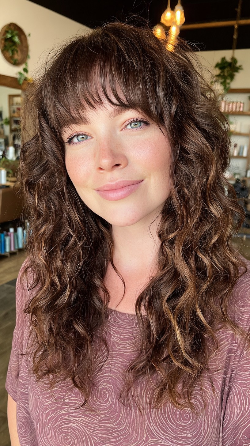 Soft-Curled Chocolate Mullet with Bangs