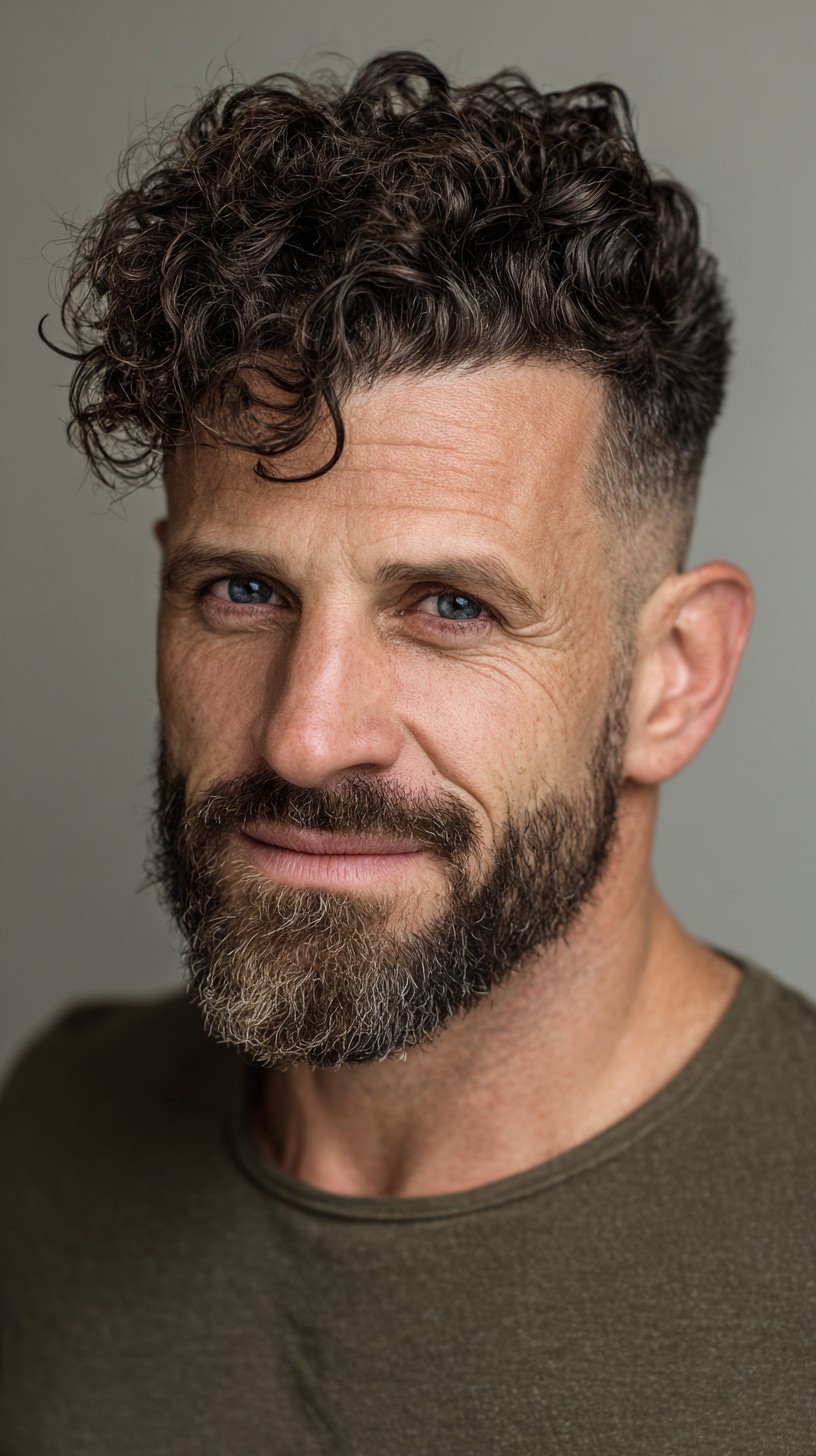 Bold Tousled Curly Quiff with Clean Fade