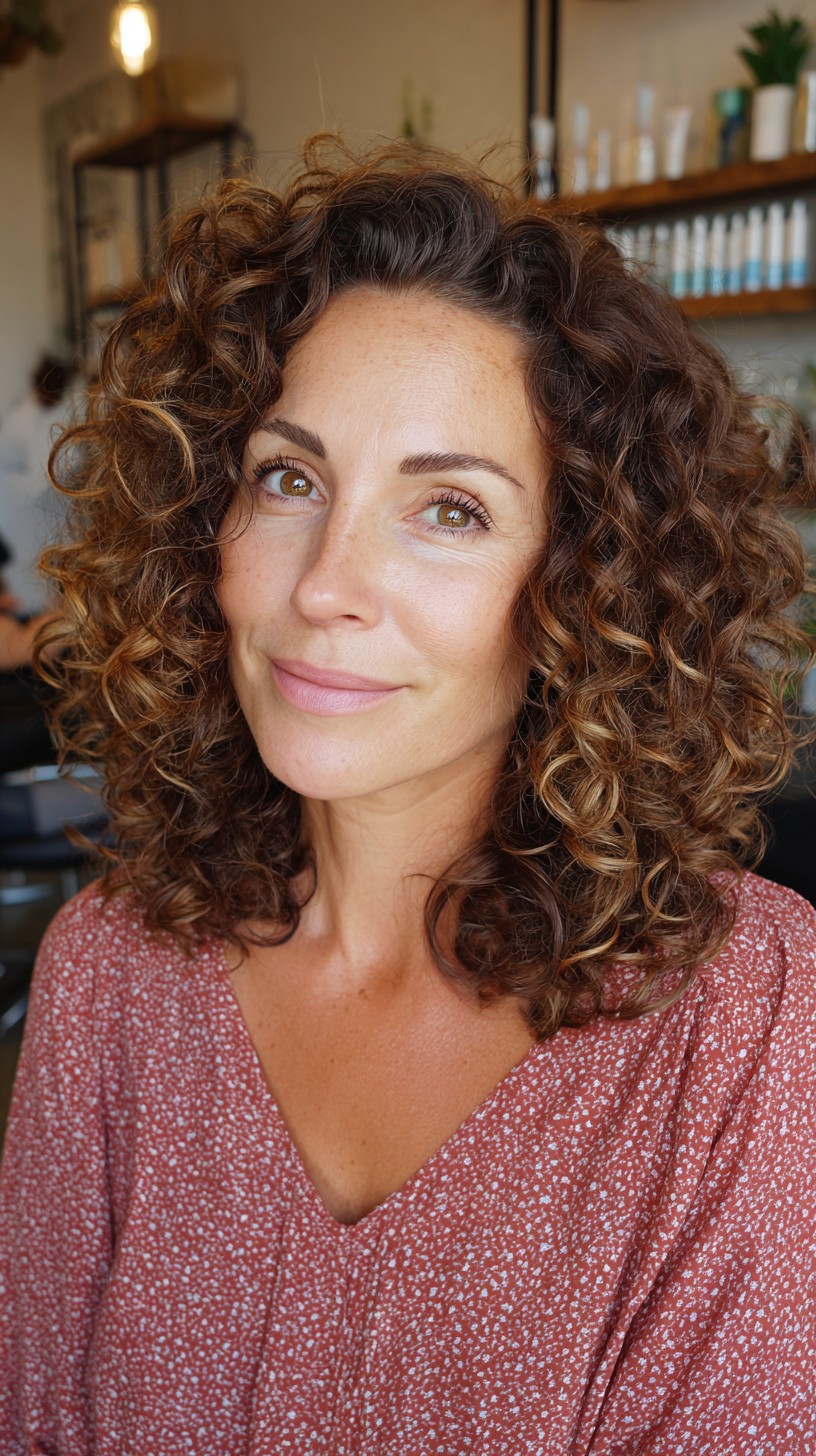 Bouncy Chestnut Curls with Soft Highlights
