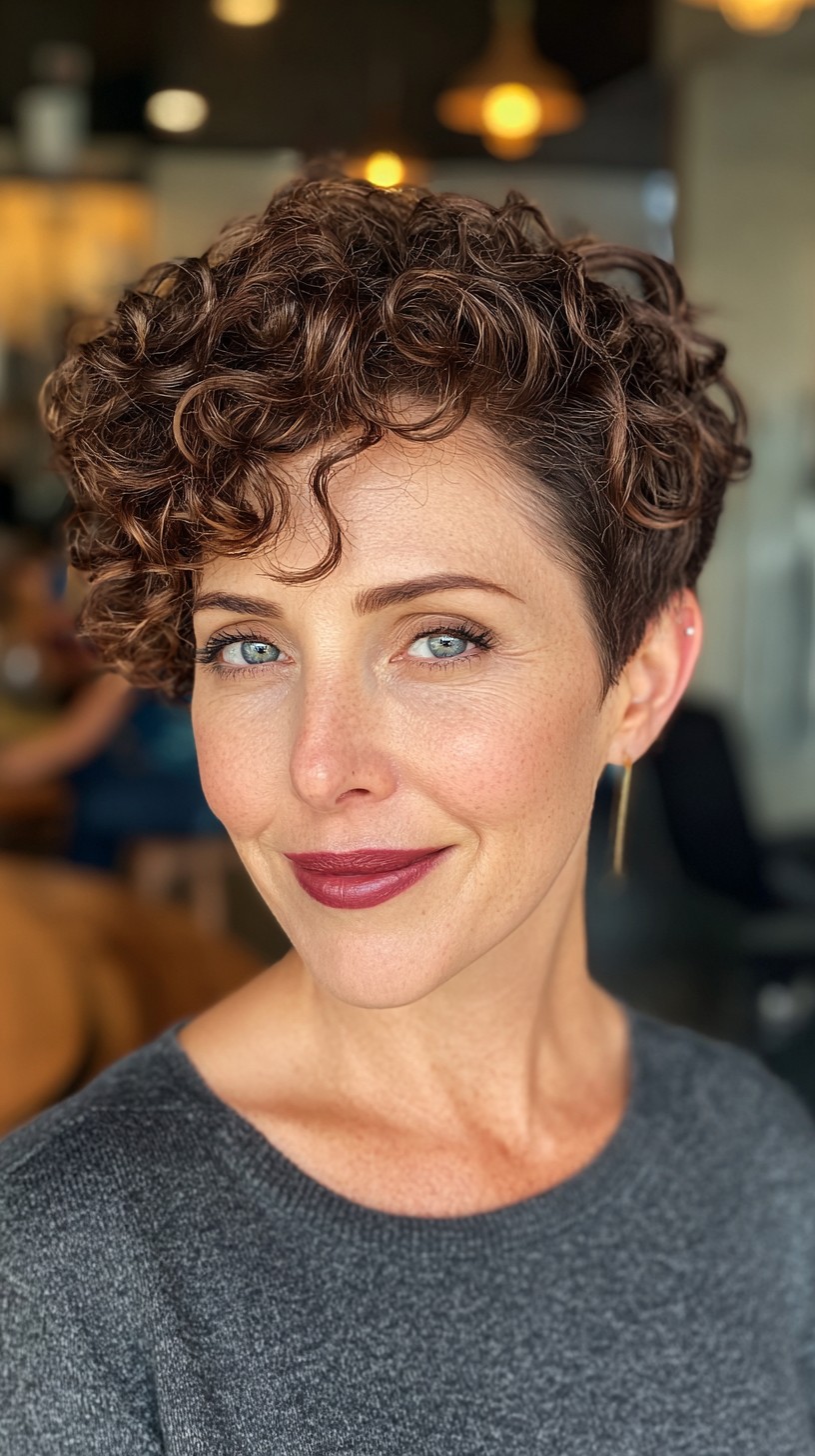 Brunette Tousled Pixie with Defined Curls