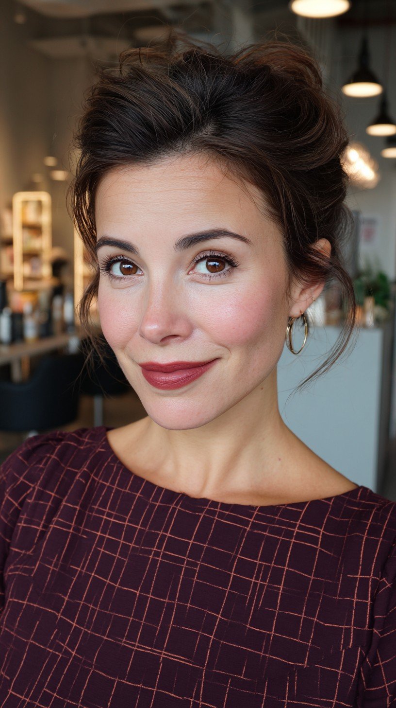 Chic Soft Textured Updo with Side-Swept Bangs