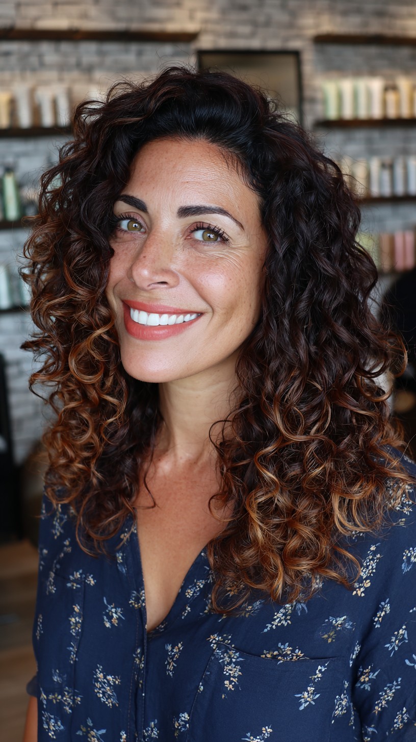 Luxurious Chestnut Curls with Dynamic Highlights