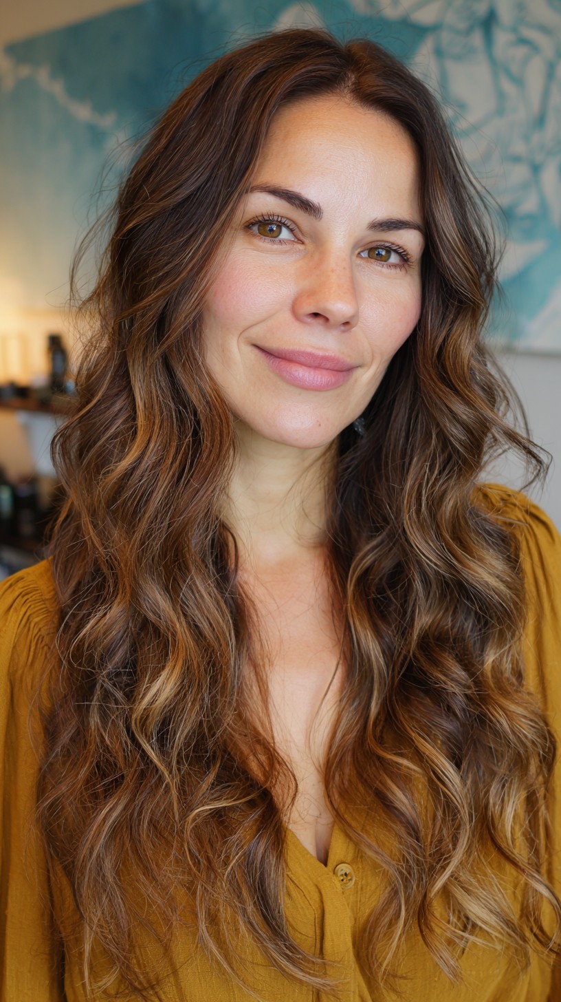 Sun-Kissed Chestnut Waves with Seamless Layers