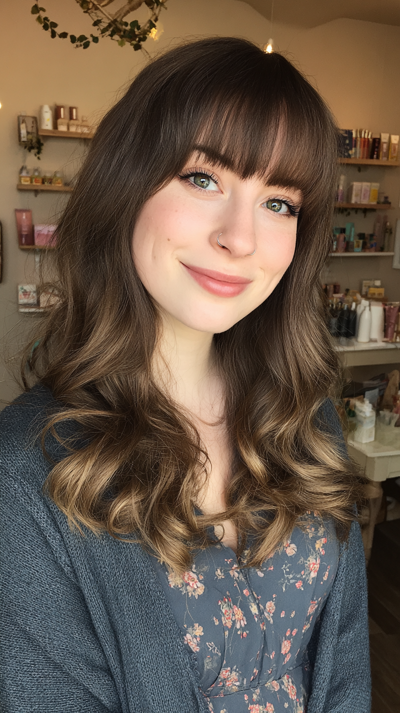 Charming Brown Balayage with Soft Bangs and Cascading Curls