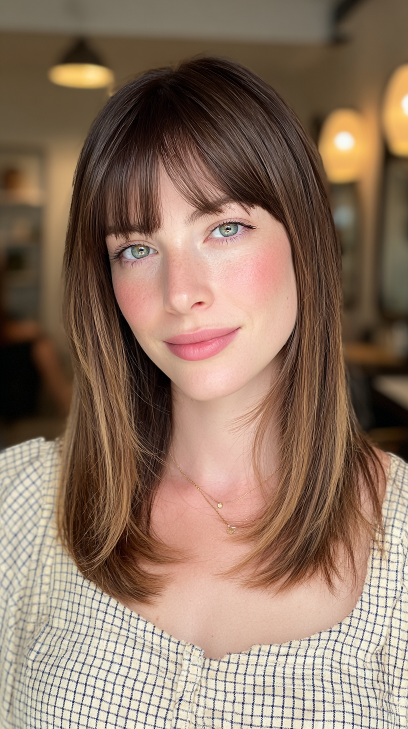 Modern Brown Balayage with Soft Blunt Bangs
