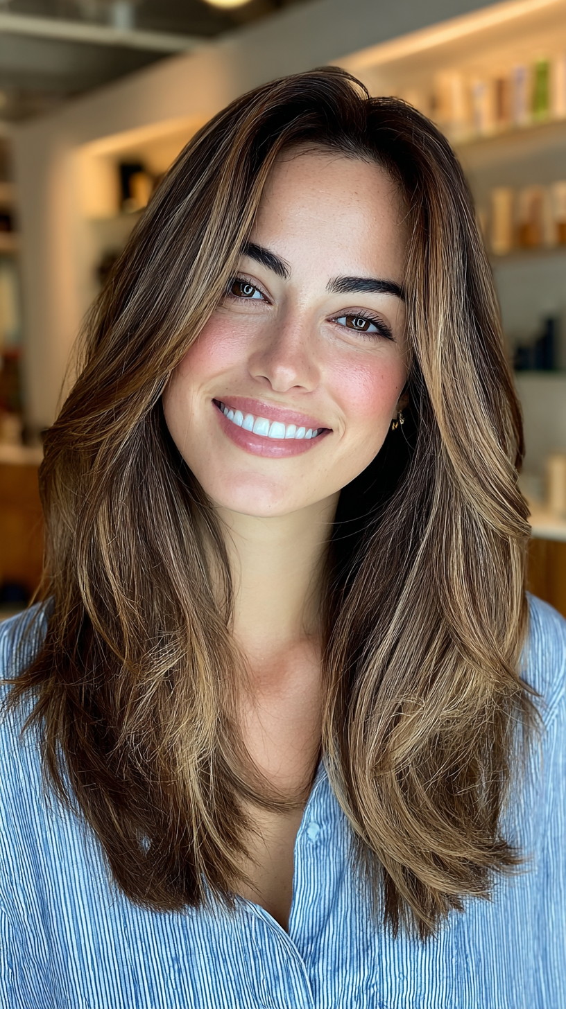 Radiant Brown Balayage with Soft Layers and Natural Movement