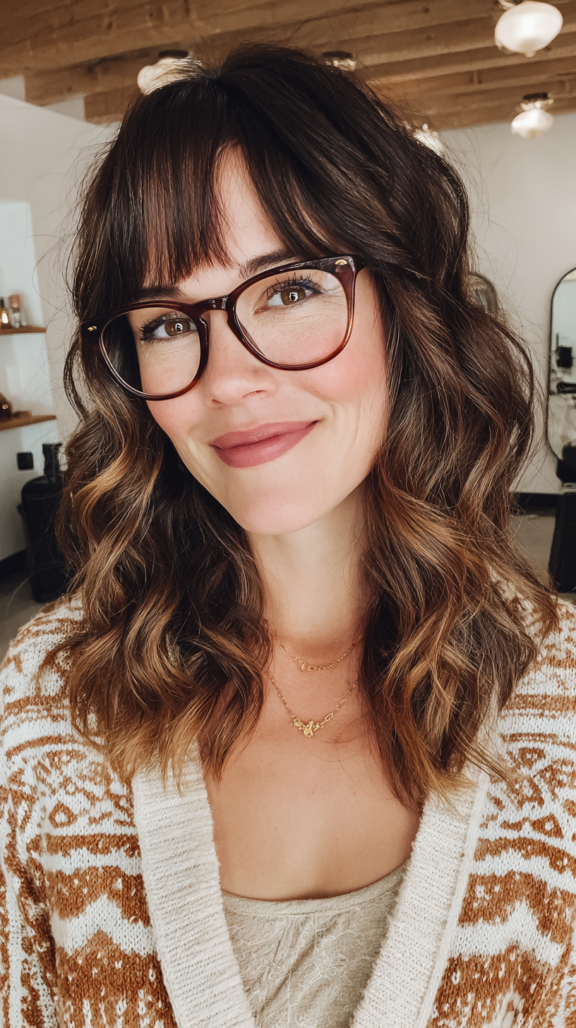 Stylish Curly Brown Balayage with Bangs
