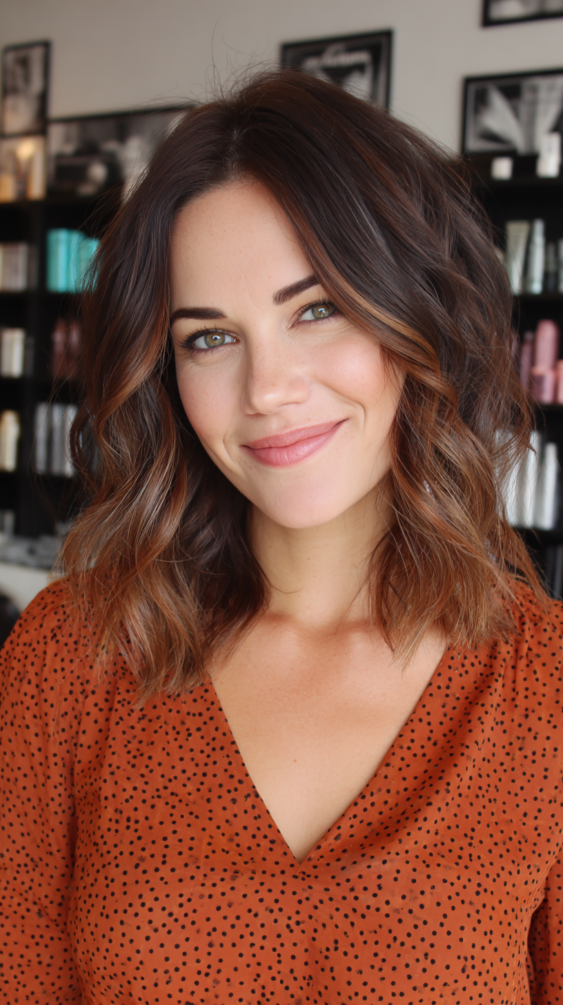 Textured Brown Balayage with Lively Waves