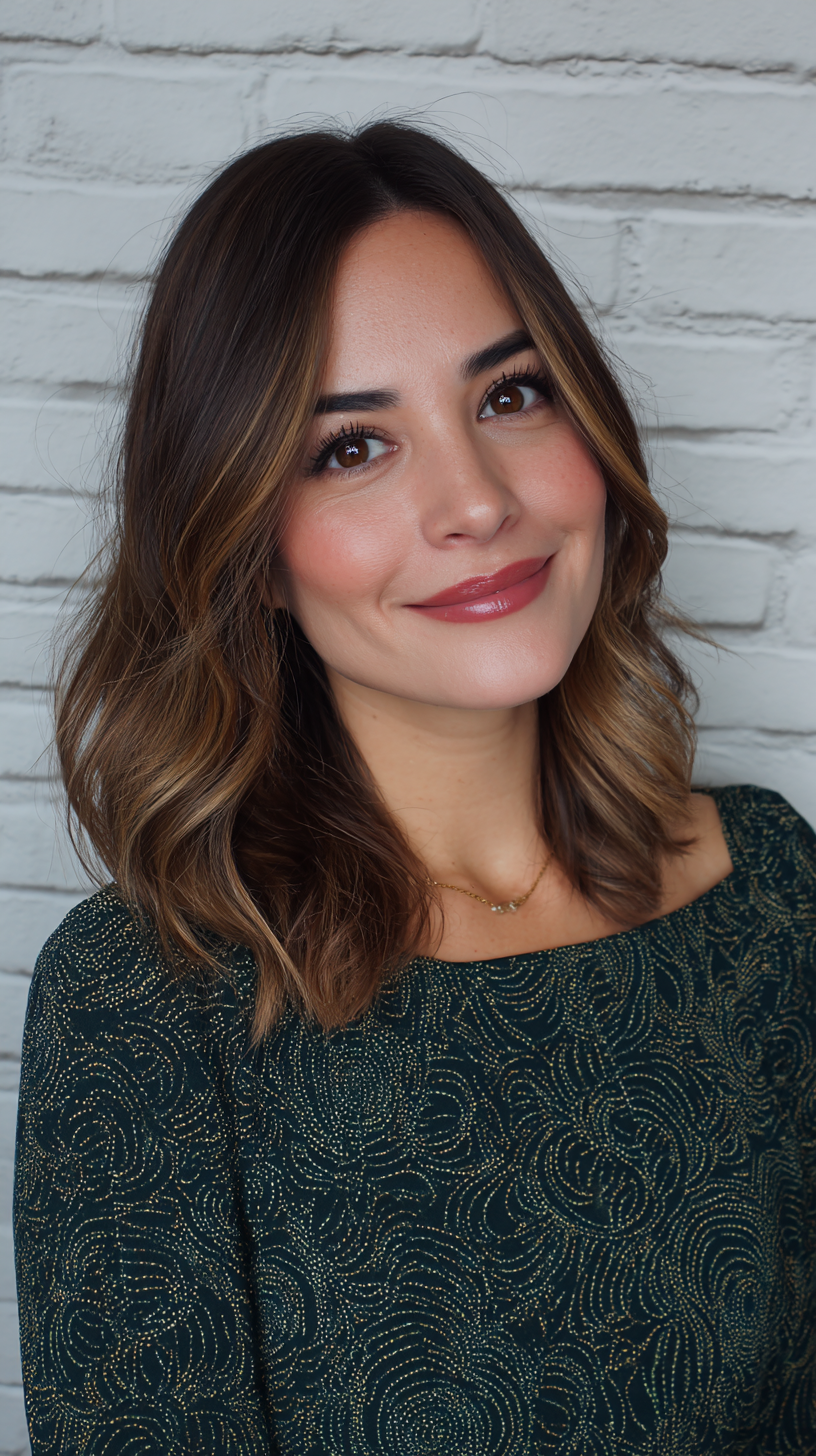 Warm Brown Balayage with Soft Waves and Subtle Layers