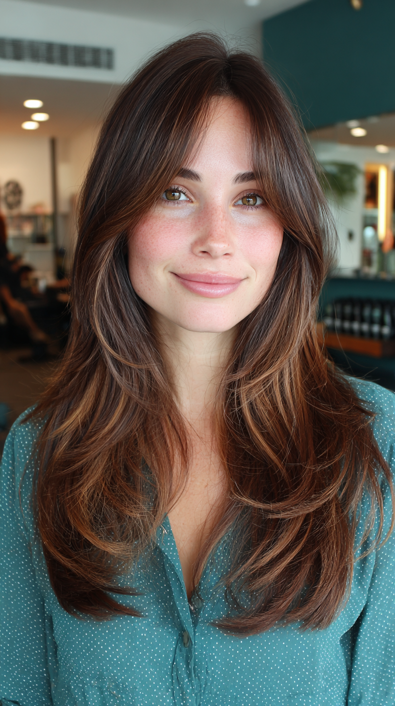 Warm Brown Dimensional Balayage with Face-Framing Layers