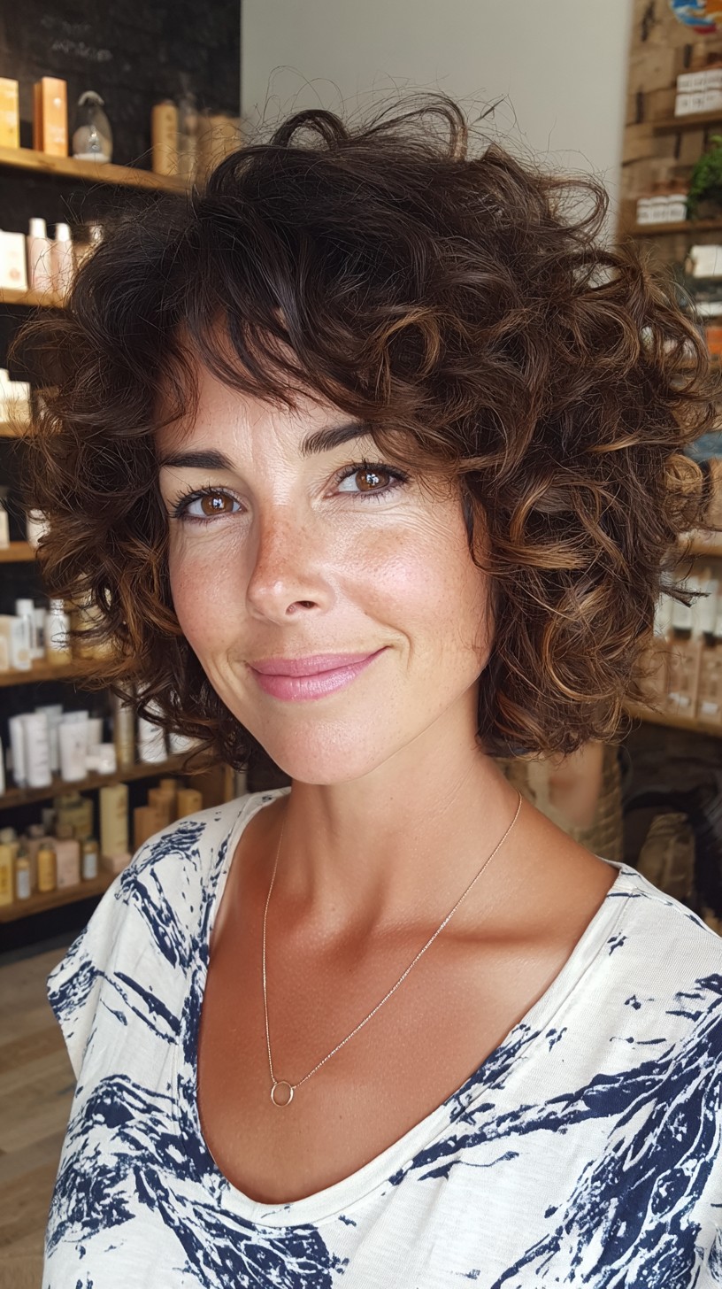 Chic Bronzed Spiral Curls with Tousled Layers