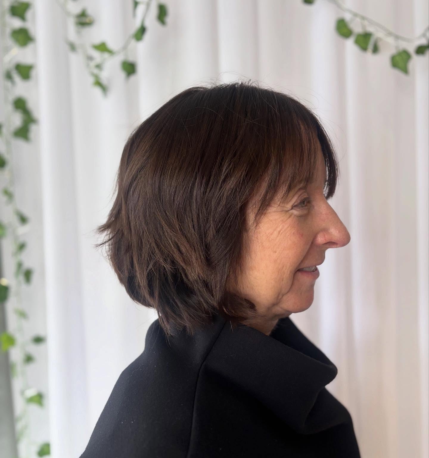 Deep Chocolate Layered Bob for Mature Women