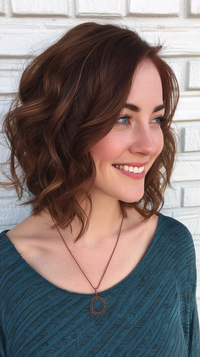 Textured Auburn Long Bob with Soft Waves
