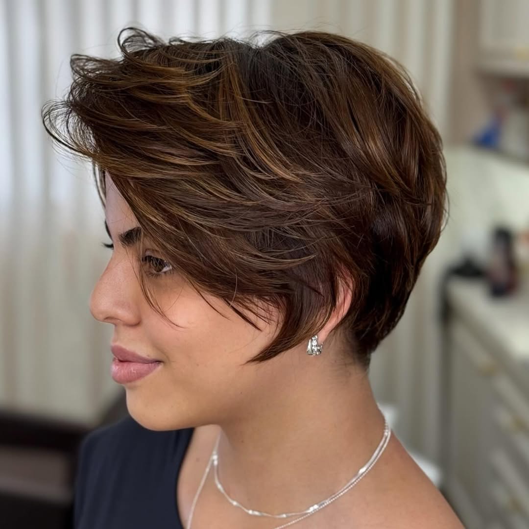 Brunette Swept-Back Layered Pixie