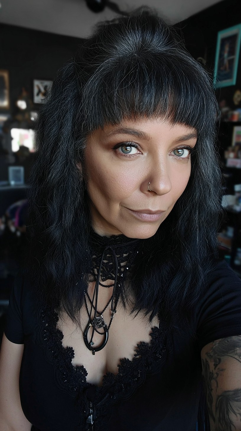 Charcoal Black Micro-Bangs with Natural Waves