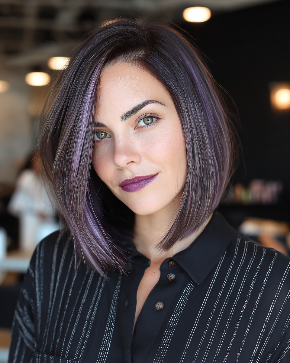 Chic Asymmetrical Bob with Subtle Lavender Highlights
