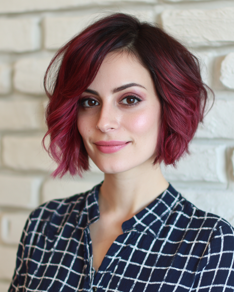 Chic Burgundy Textured Bob with Subtle Waves