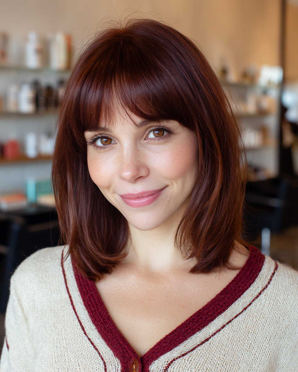 Chic Chestnut Lob with Soft Bangs