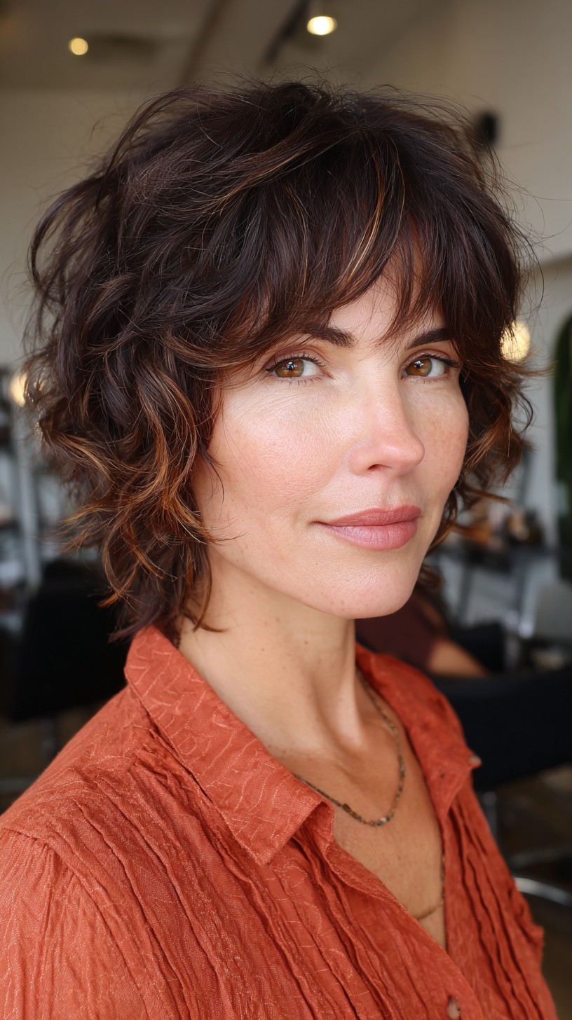 Chic Chocolate-Brown Shag with Curl-Accented Bangs