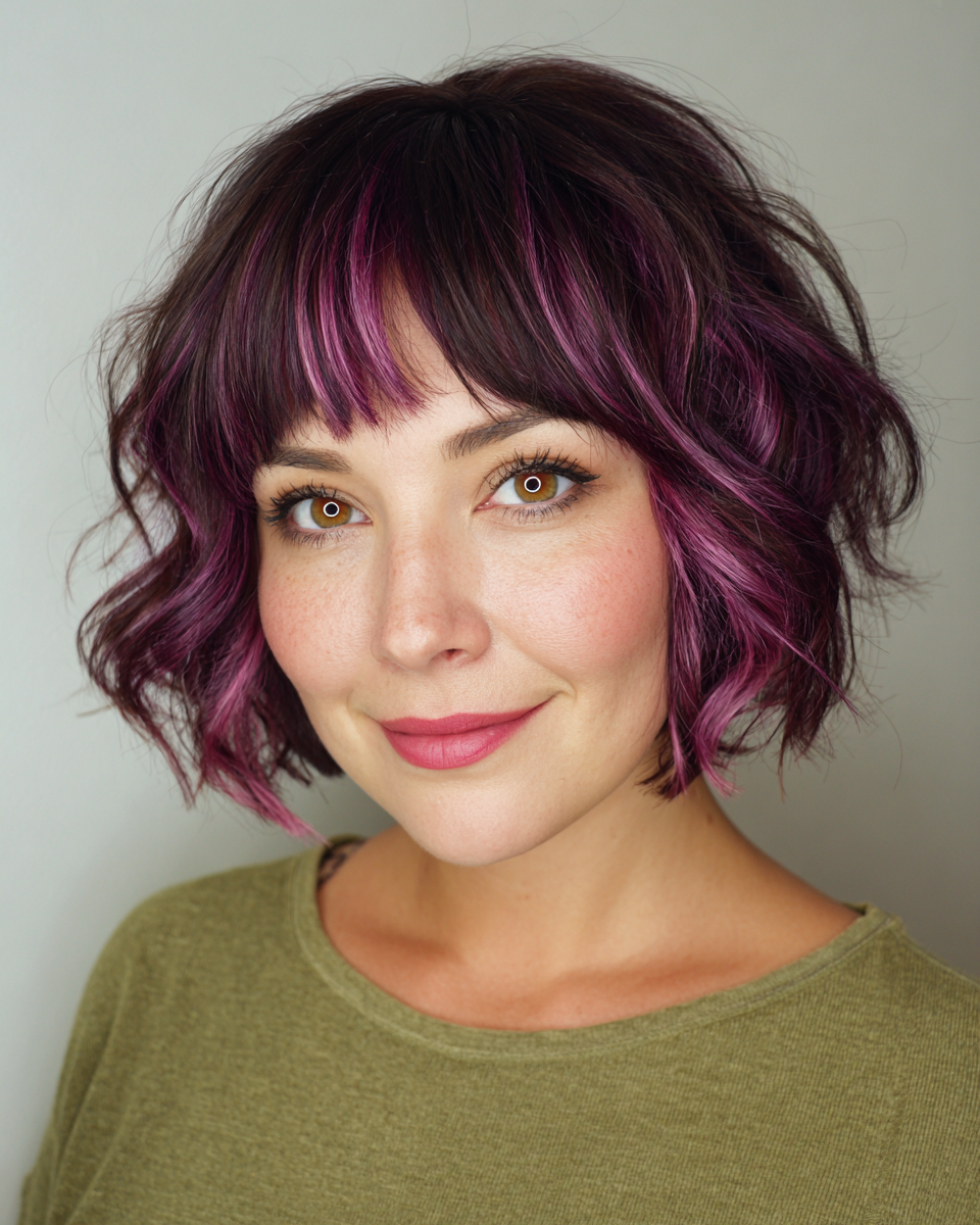Chic Curly Bob with Vibrant Magenta Highlights