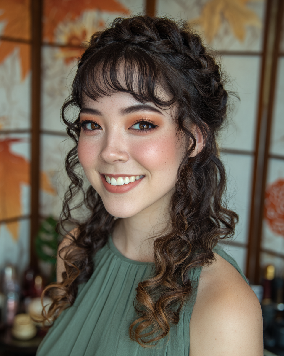 Chic Curly Half-Up Style with Braided Crown