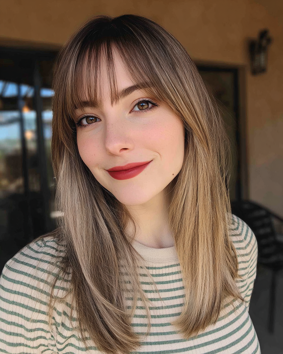 Chic Long Brown Balayage with Soft Bangs