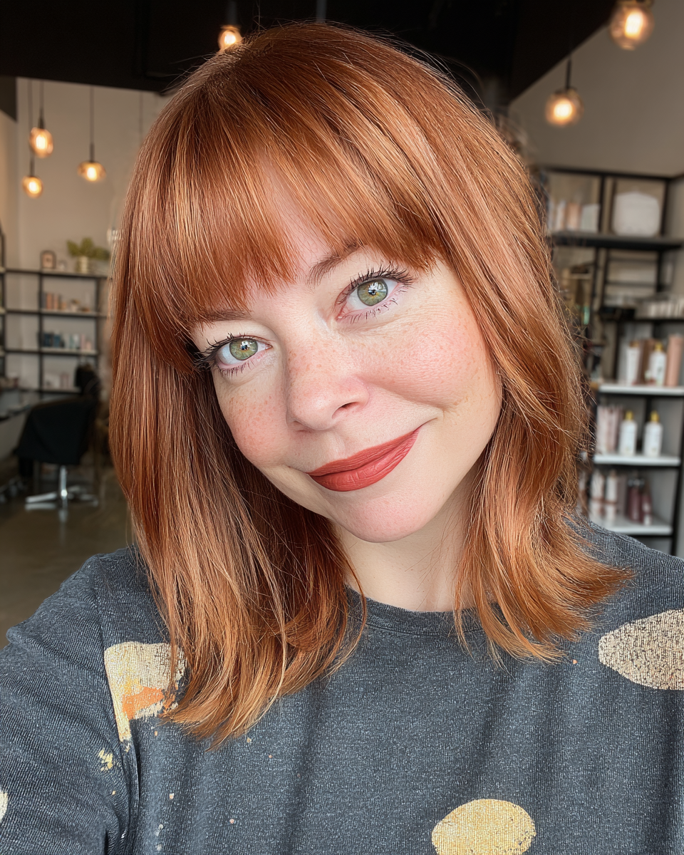 Chic Straight Cut with Soft Bangs and Warm Copper Tones