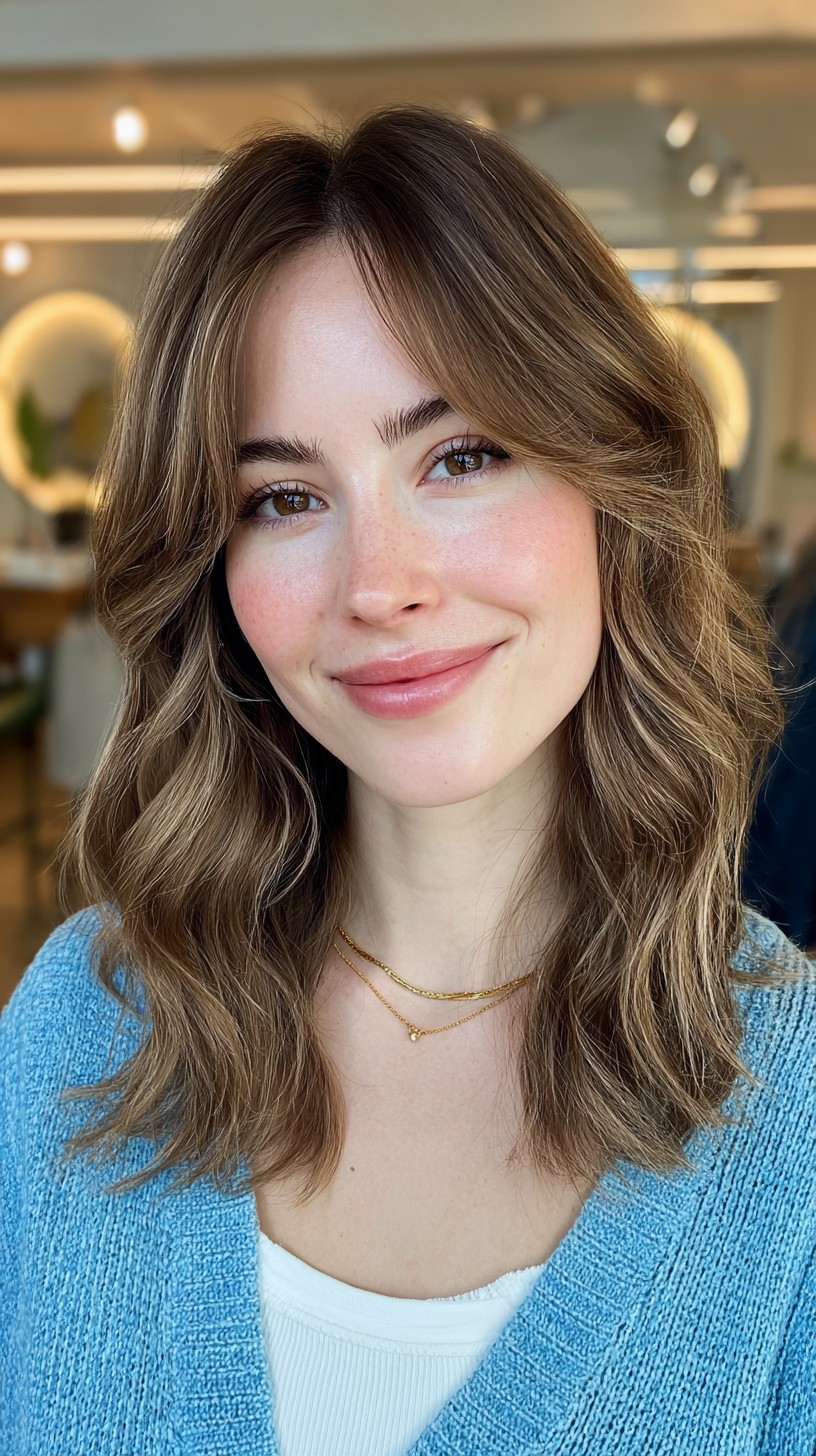 Chic Sun-Kissed Layered Waves with Soft Curtain Bangs