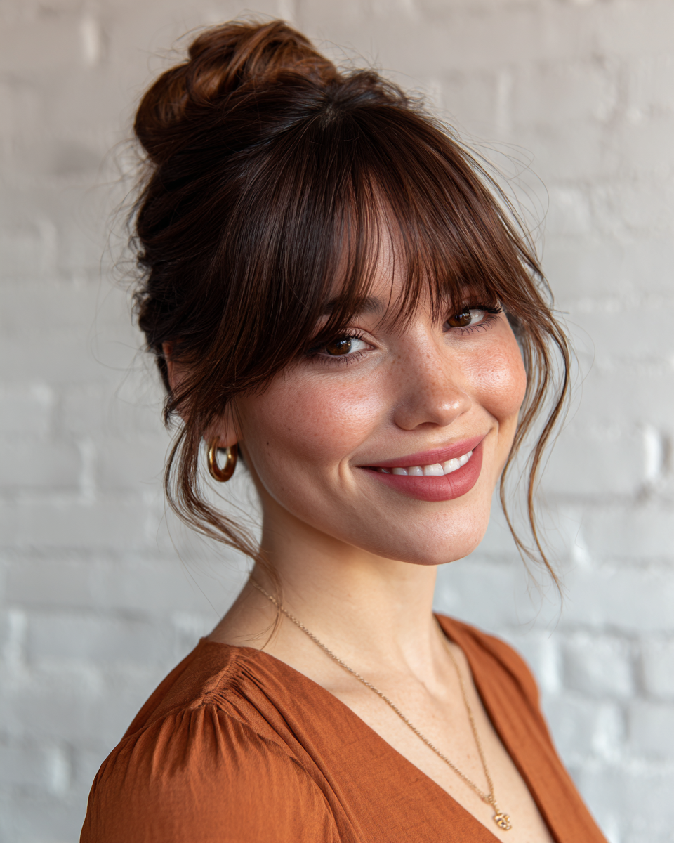 Chic Textured Updo with Soft Fringe
