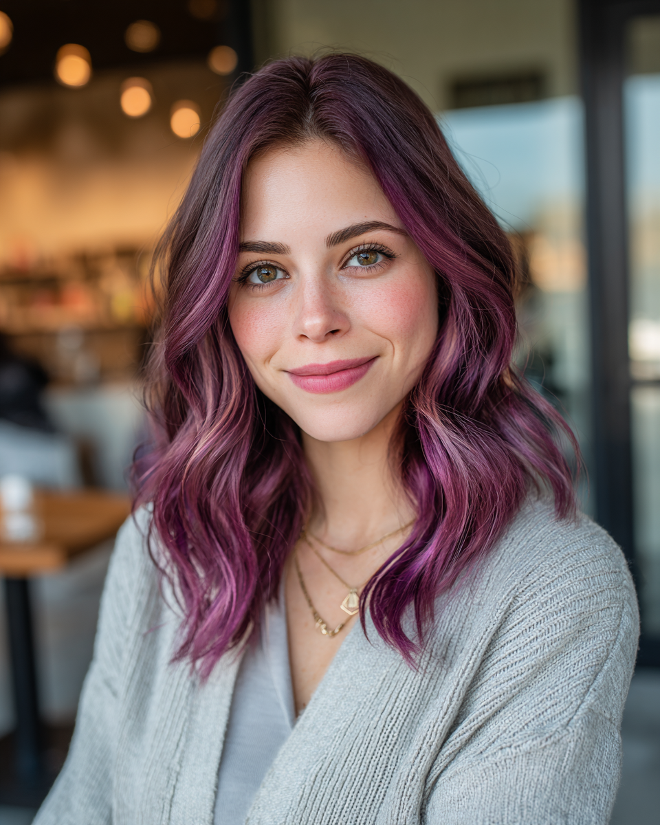 Chic Wavy Lob with Bold Violet Hues