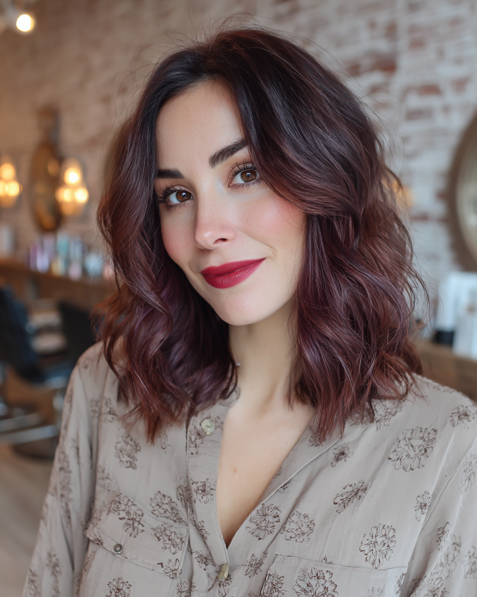 Chic Wavy Lob with Rich Plum Highlights