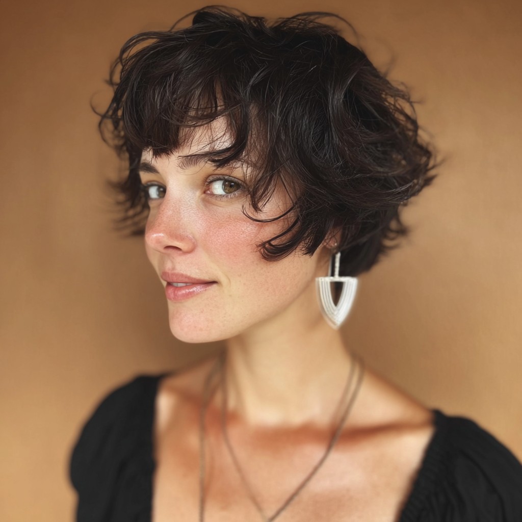 Dark Breezy Textured Bob with Sweeping Bangs