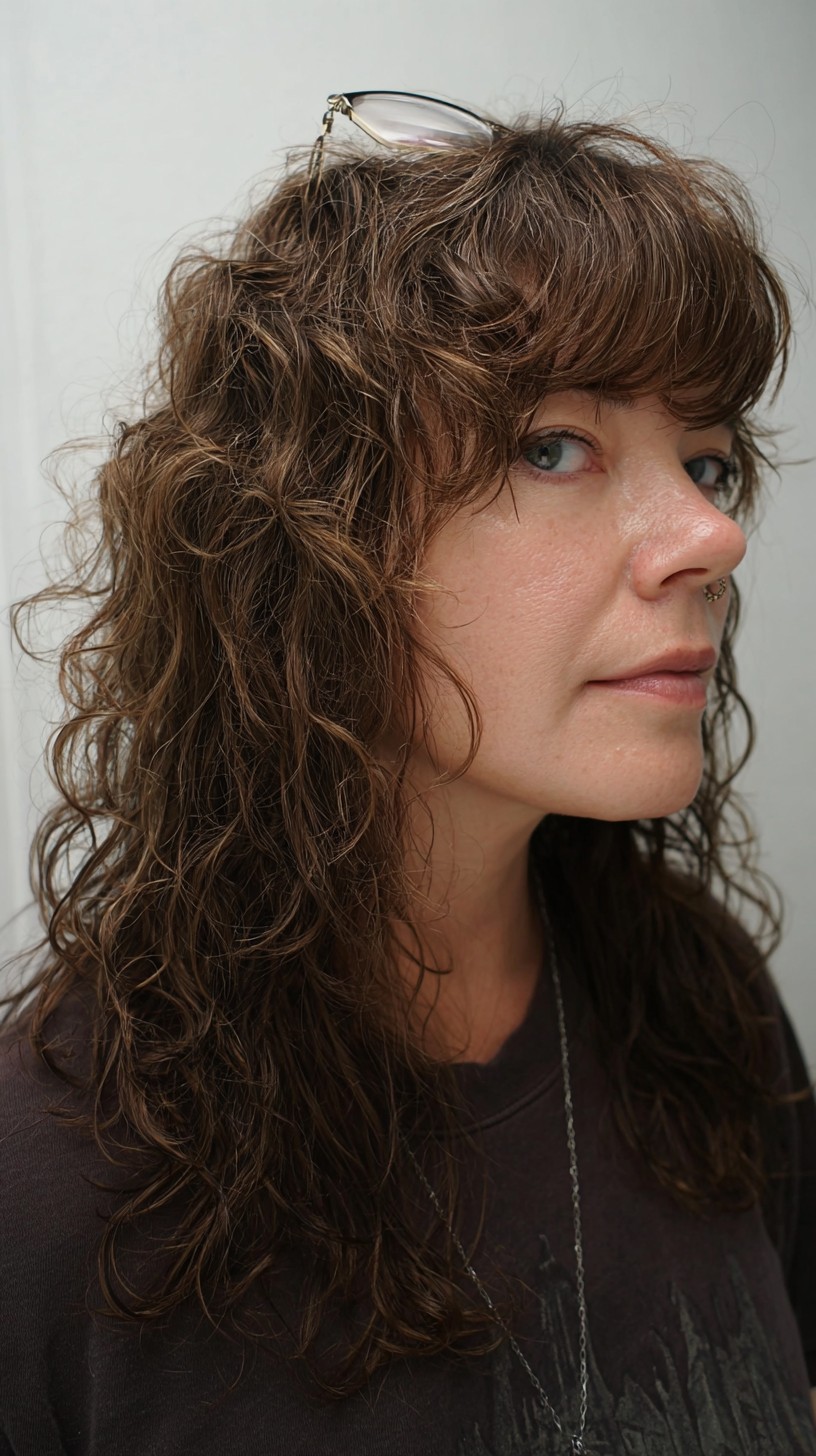 Deep Chestnut Wavy Mullet with Layered Bangs