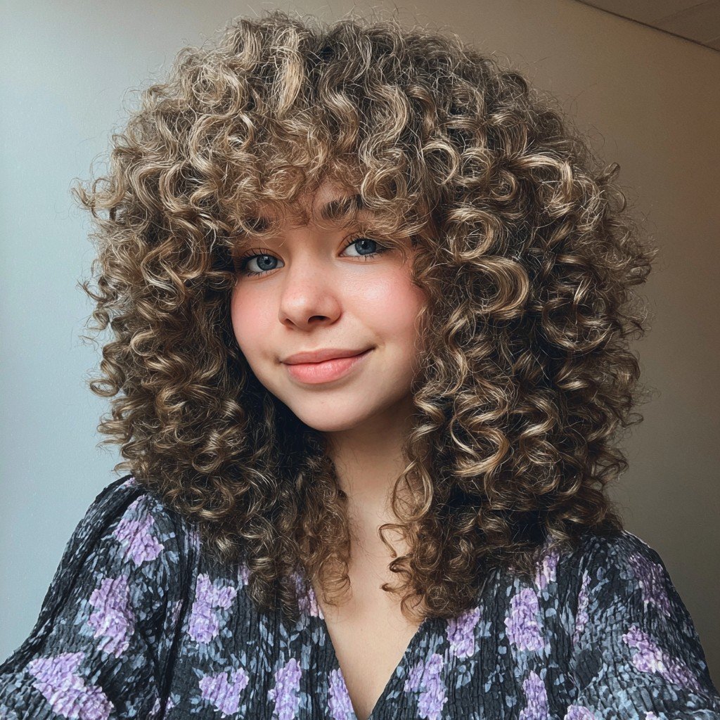 Delightful Golden Blonde Curly Shag with Soft Fringe