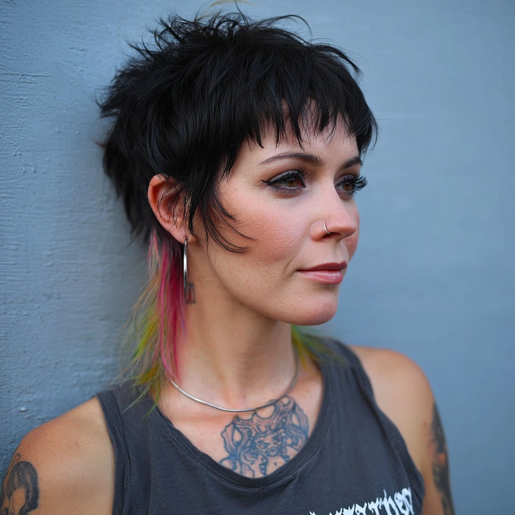 Dynamic Black Pixie with Colorful Highlights