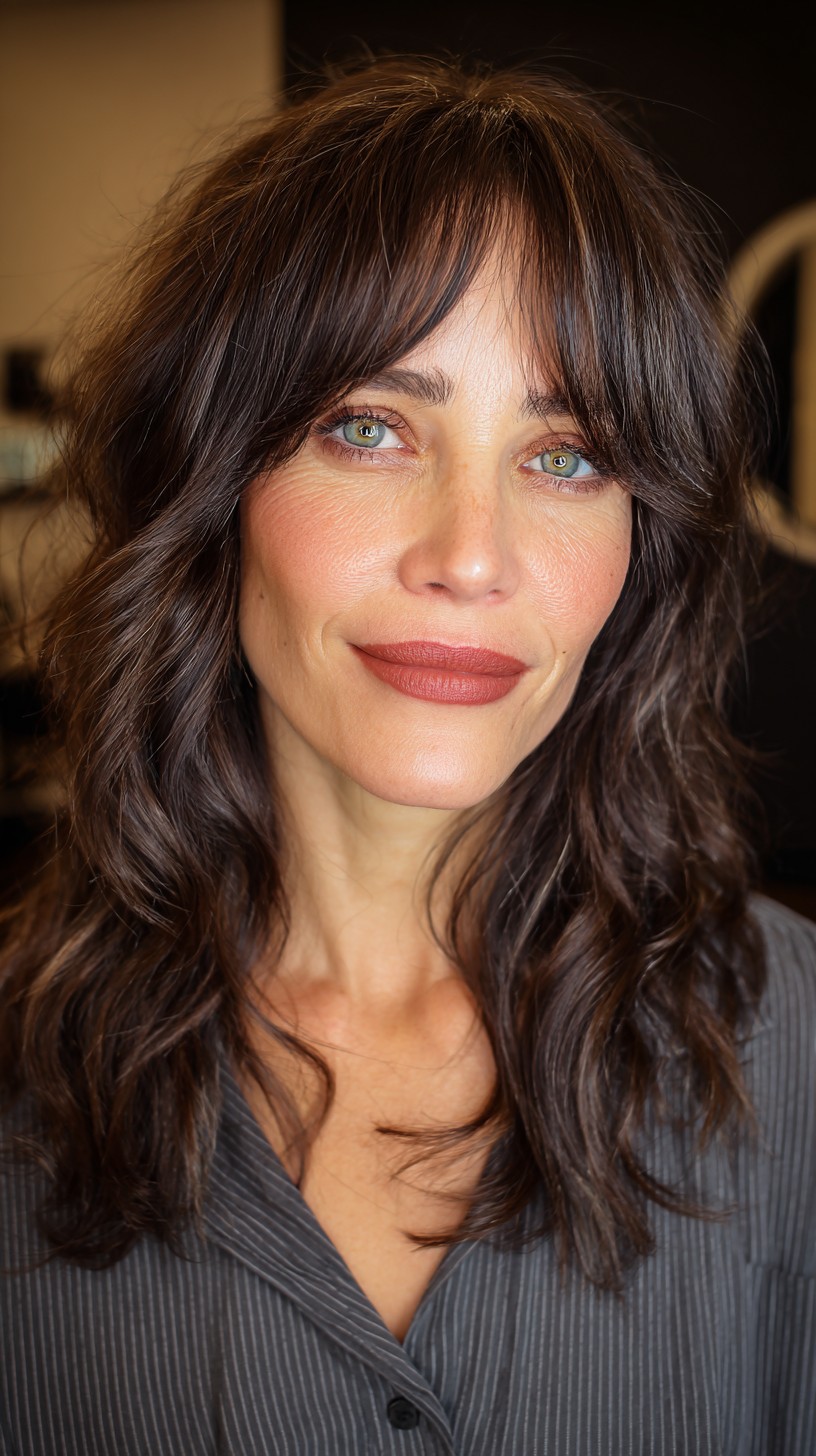 Effortless Chestnut Waves with Soft Curtain Bangs