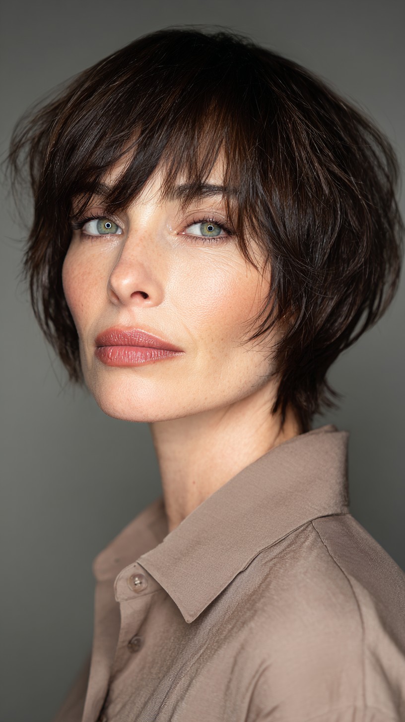 Effortless Chic Espresso Wolf Cut with Expressive Bangs