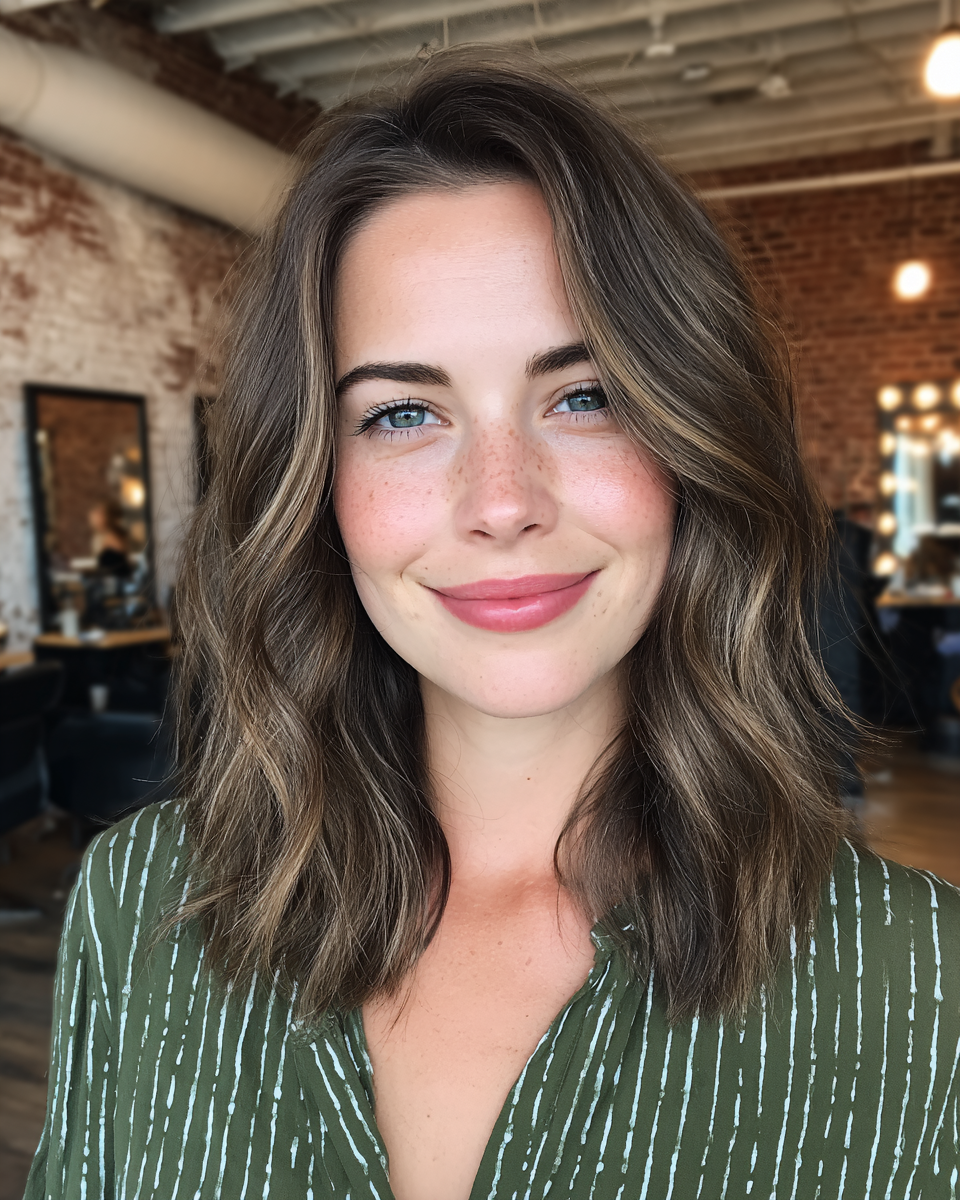 Effortless Wavy Brown Balayage with Face-Framing Layers