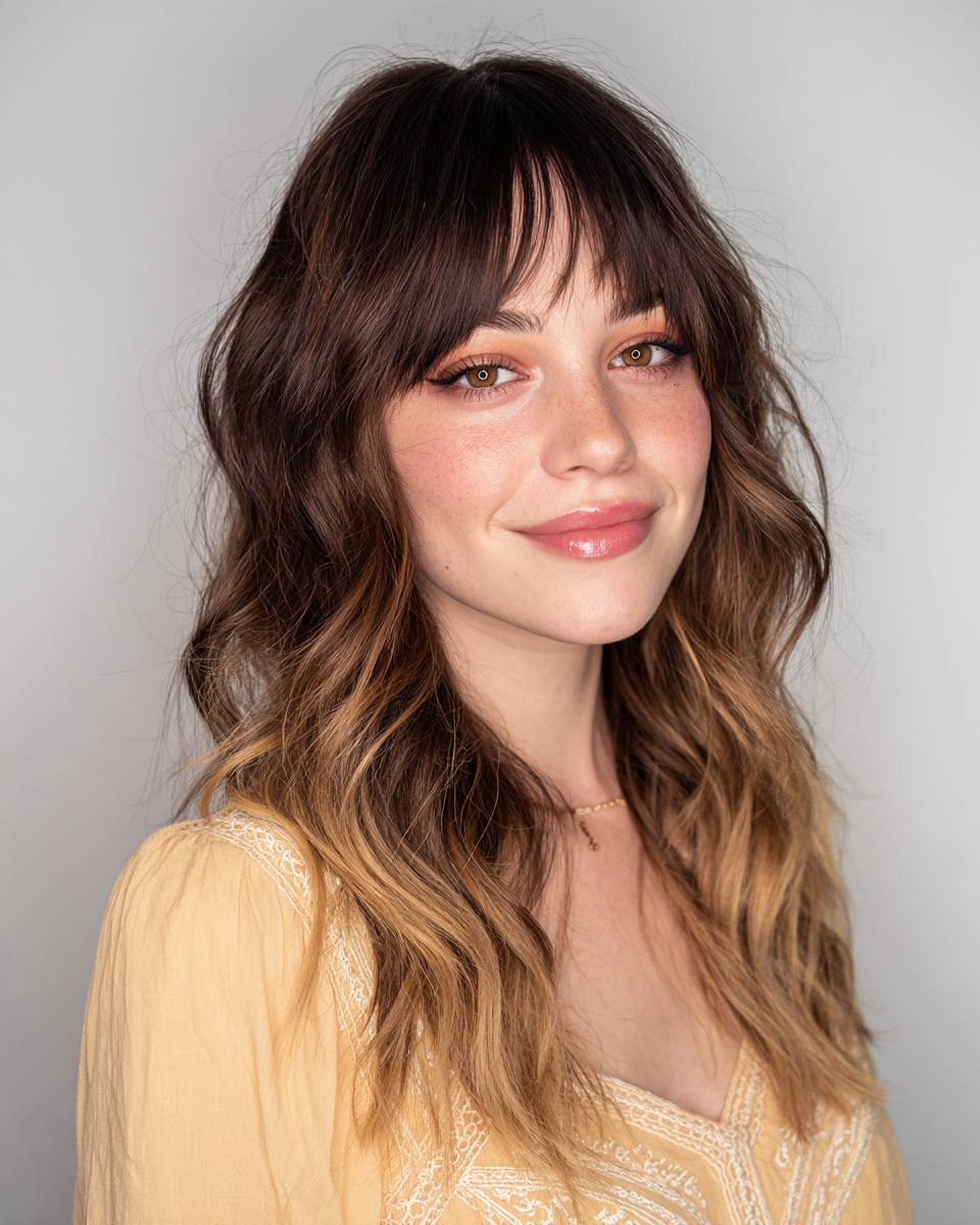 Effortless Wavy Brown Balayage with Soft Bangs