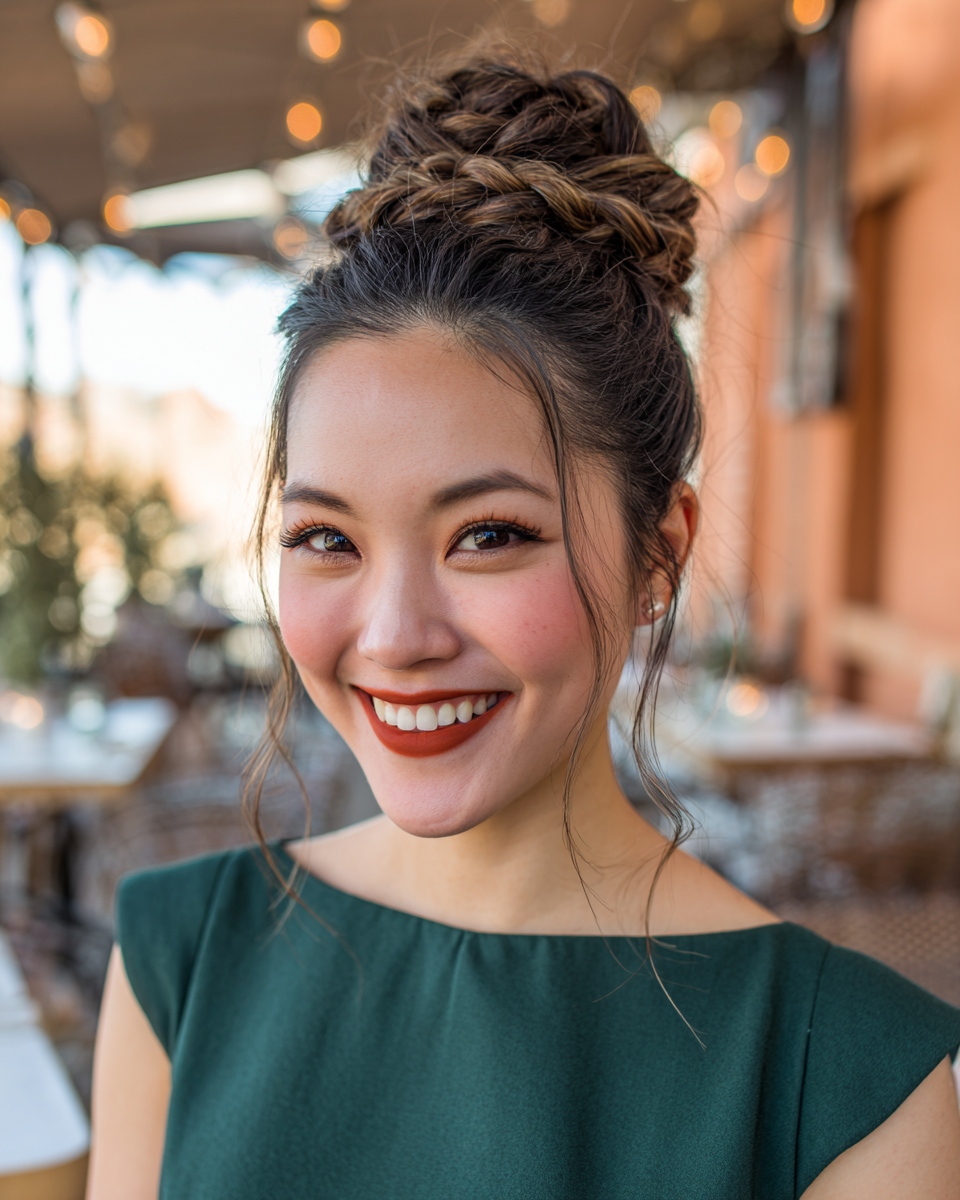 Elegant Braided Top Knot with Face-Framing Strands