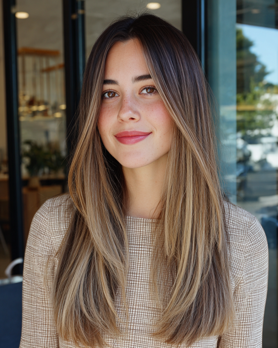 Elegant Caramel Brown Balayage with Long Layers