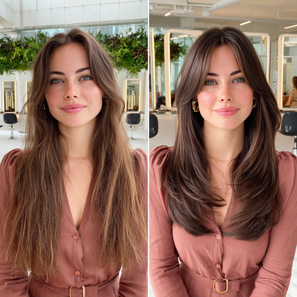 Elegant Long Layers with Soft Feathered Bangs