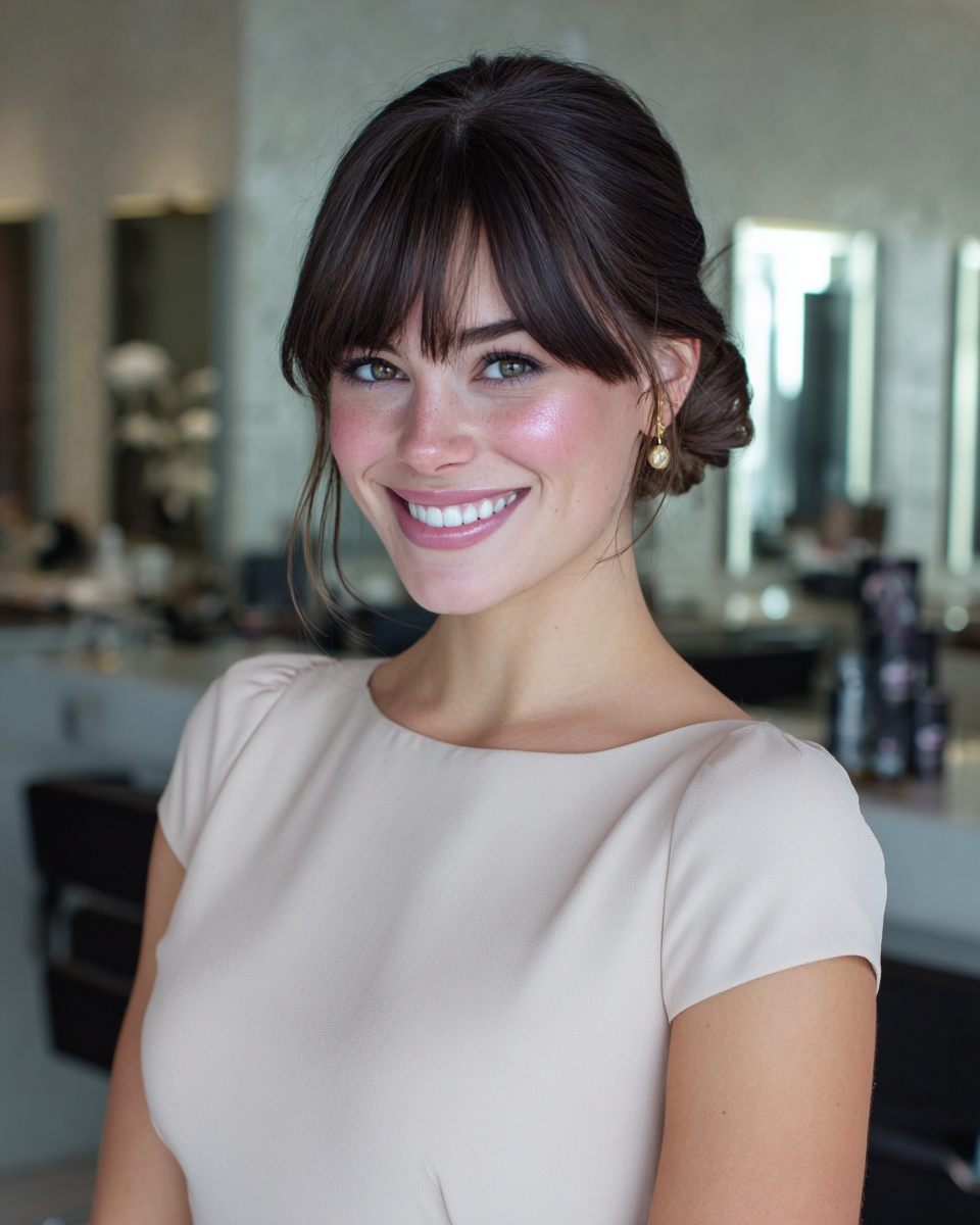 Elegant Textured Low Bun with Soft Bangs