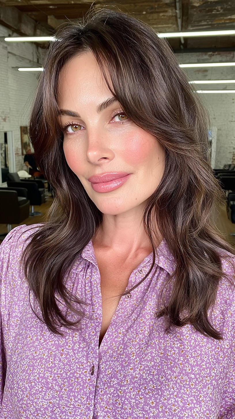 Flowing Brunette Waves with Delicate Curtain Bangs