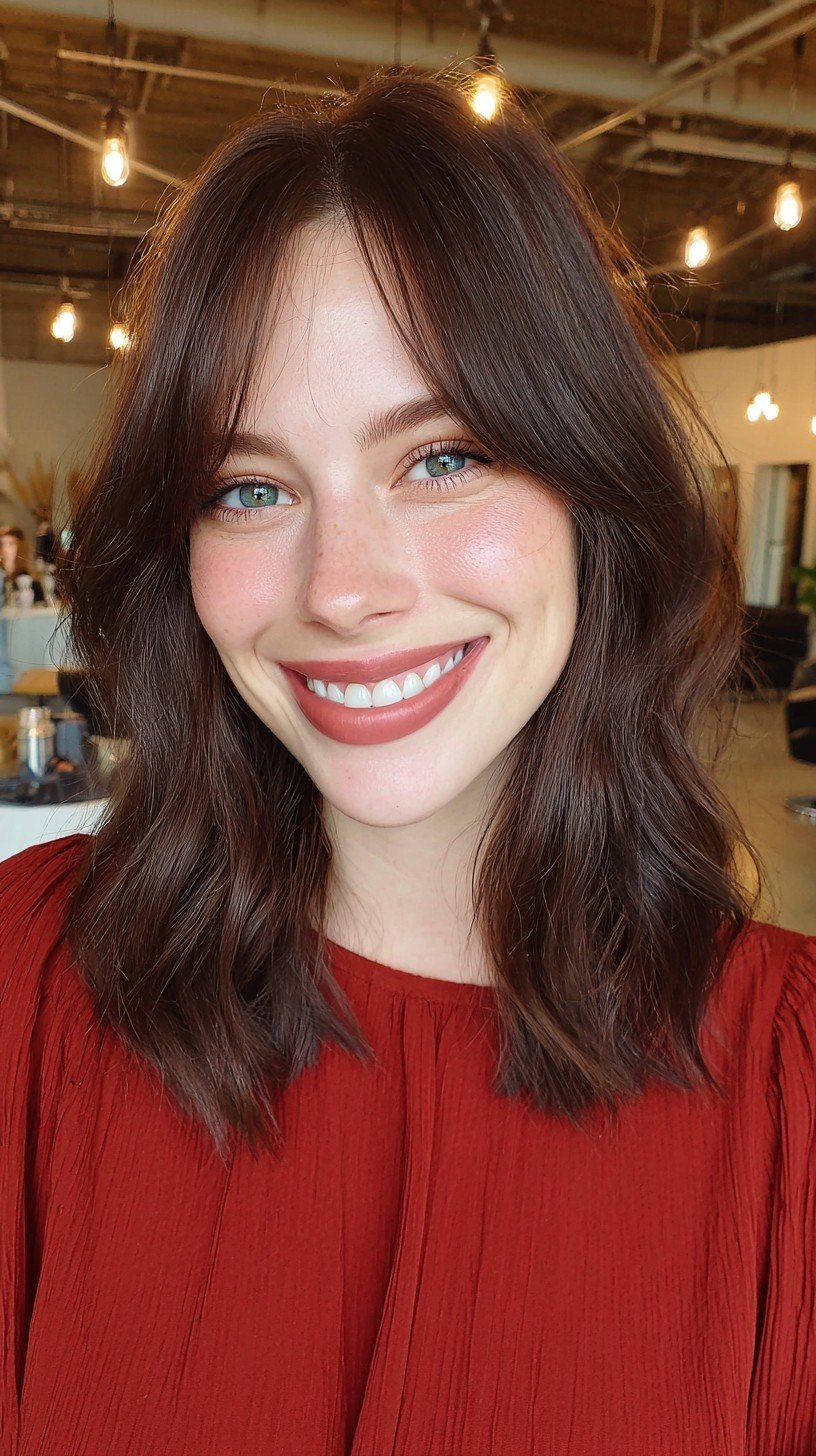 Glossy Brunette Waves with Chic Curtain Bangs