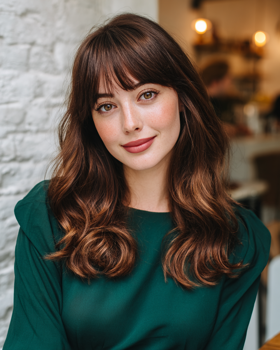 Glossy Layered Waves with Soft Bangs