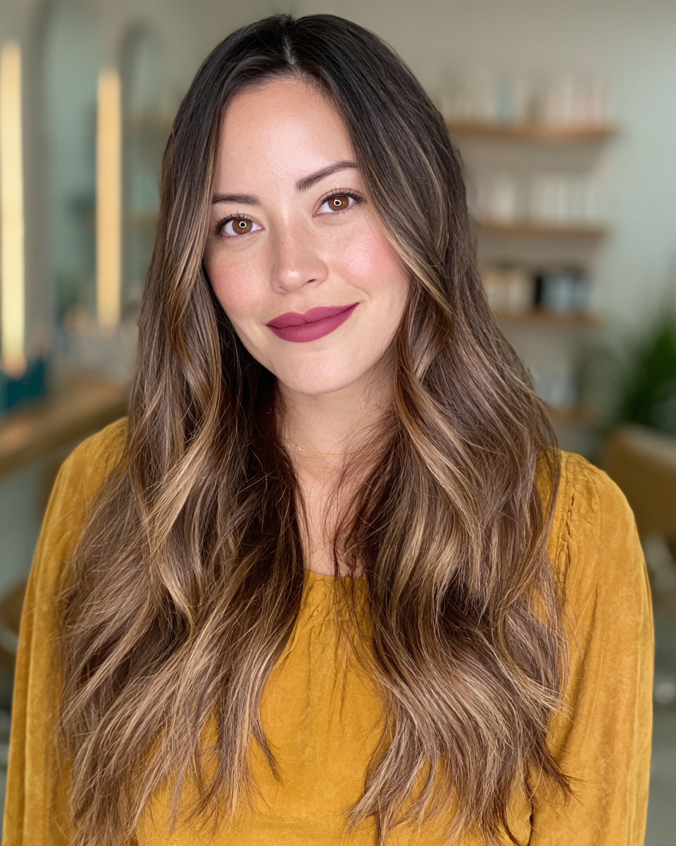 Long Brown Balayage with Sunlit Highlights
