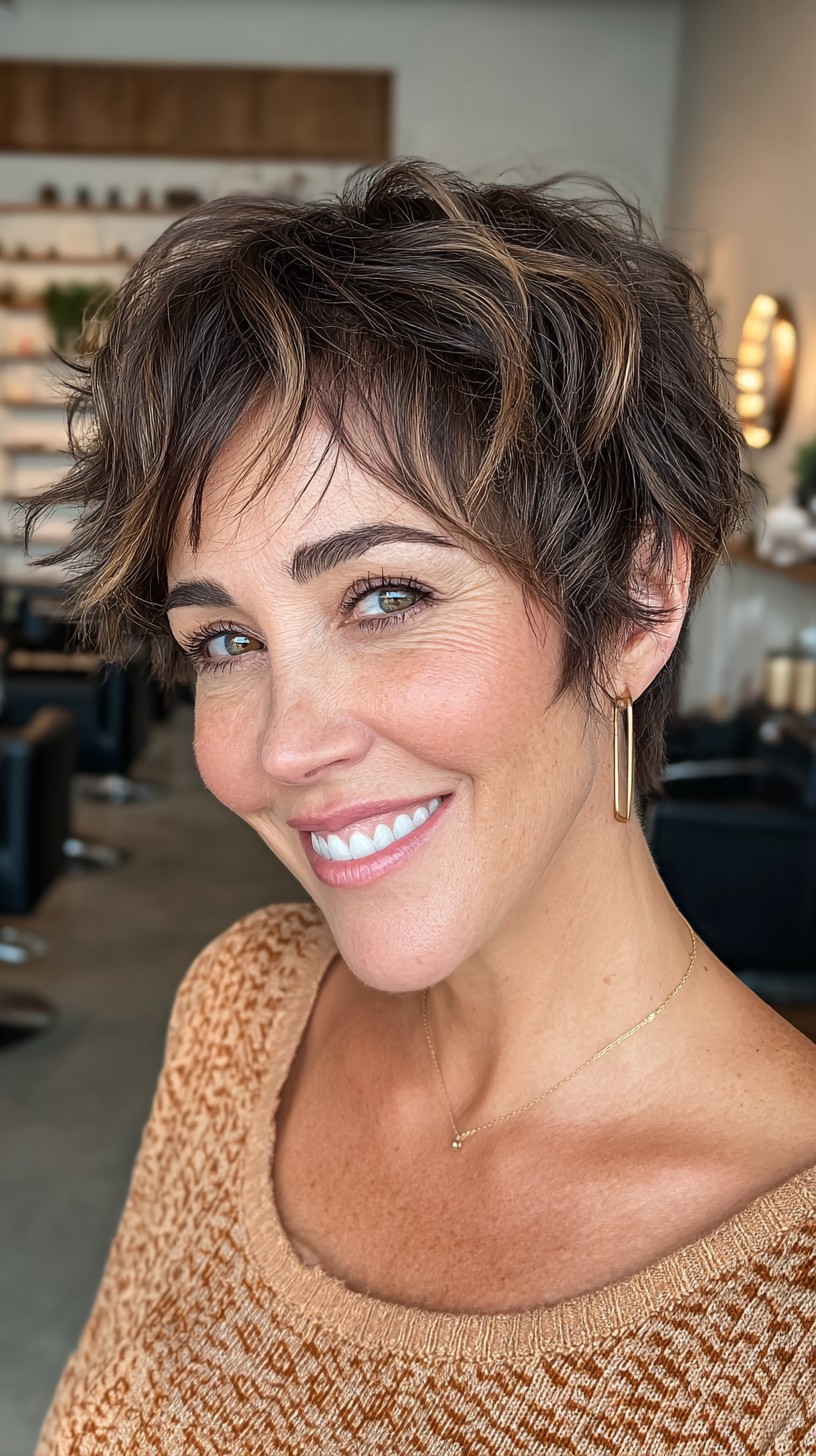Playful Cocoa-Toned Pixie with Defined Waves