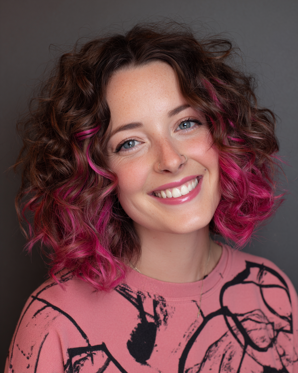 Playful Curly Bob with Vibrant Pink Tips