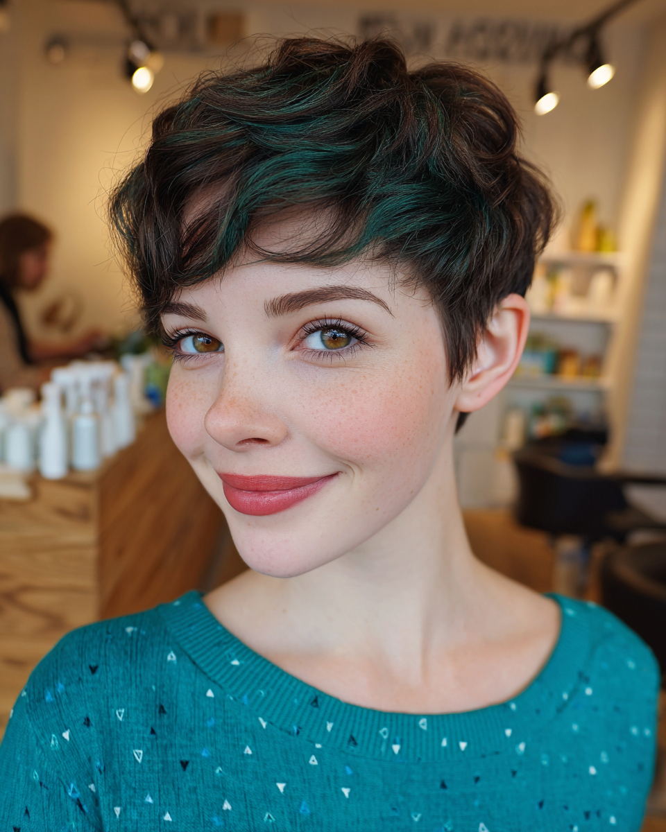 Playful Textured Pixie Cut with Teal Highlights